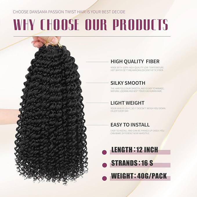 Dansama 6 Packs Passion Twist Hair Water Wave Braiding Hair for Butterfly Style Crochet Braids Bohemian Hair Extensions (12inch, #2, Economy Pack)