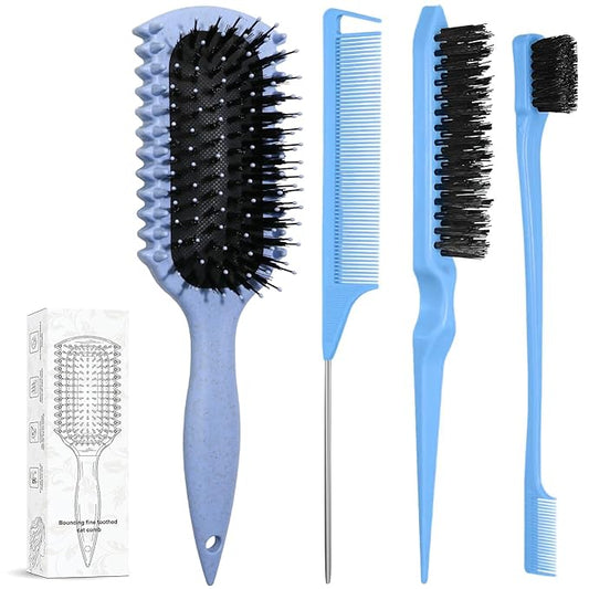 Curl Defining Brush, Curly Hair Brush Products With 3 Pcs Slick Back Hair Brush Set Bristle Brush Edge Control Teasing Comb for women (Blue)