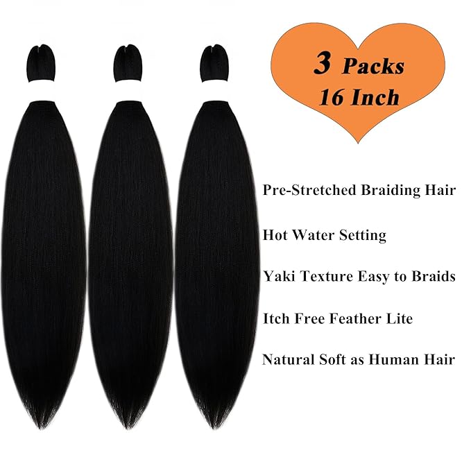 Short 1b Black Braiding Hair Pre Stretched Kids Braiding Hair Extensions for Braiding Box Braids Knotless Prestretched Braiding Hair 16 Inch