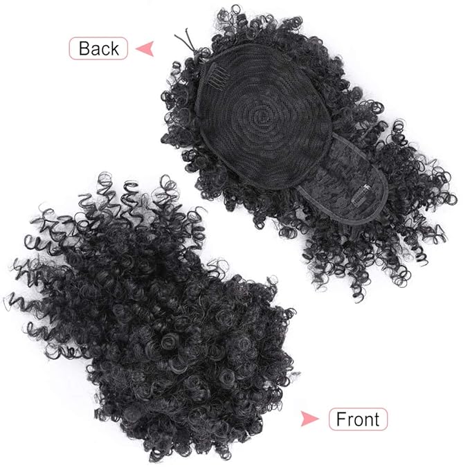 ENTRANCED STYLES Drawstring Ponytail with Bangs Afro Puff Ponytail Extensions for Women Short Curly Puff Ponytail with Bangs Clip in Wrap Updo Hairpiece for Women(1B)