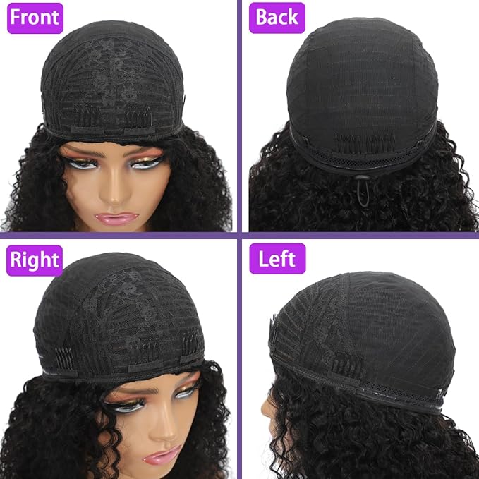 Glueless Half Wigs Human Hair Jerry-Curly Headband Wig Upgrade 3 In 1 Half Wig With Drawstring Seamless Clip Ins Flip Over 200 Density Curly Human Hair Wig For Black Women 16 Inch
