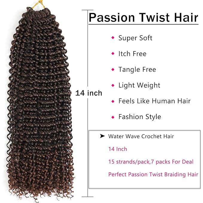 Passion Twist Hair 14 Inch 7 Packs Water Wave Crochet Hair Black Wrap Braiding Hair For Passion Twist Crochet Hair/Butterfly Locs/Spring Twist Crochet Braids Boho Hair Extension (14 Inch, T1B/30#)
