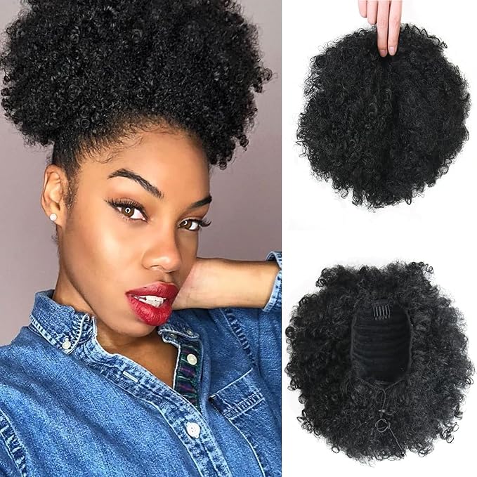 Afro Puff Drawstring Ponytail Extension for Black Women Short Afro Curly Ponytail Extension Clip On Kinky Drawstring Curly Ponytail Bun (1#)