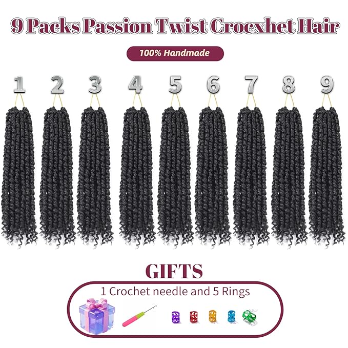 9 Packs Pre-Twisted Passion Twist Crochet Hair,10 Inch Natural Black Crochet Twists Pre Looped Short Passion Twist Crochet Braiding Hair Extensions for Women(12 Inch,1B#)