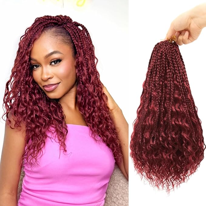Eacia Goddess Box Braids Crochet Hair 14 Inch 7 Packs Burgundy Boho Box Braids with Curly Ends Pre looped Crochet Hair for Women(14 Inch, Burgundy#)