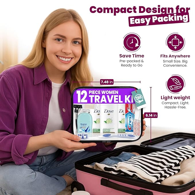 Trektote Travel Toiletry Kit For Women – (5 Pack) 12 Piece Set Of Travel Size Toiletries, TSA Compliant, Travel Essentials, Includes Shampoo And Conditioner, Body Wash, Toiletry Bag & More