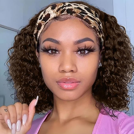 Chocolate Brown Headband Wig Human Hair Curly 12 Inch Machine Made None Lace Front Wig #4 Chocolate Brazilian Virgin Deep Wave Headband Half Wigs for Black Women Human Hair