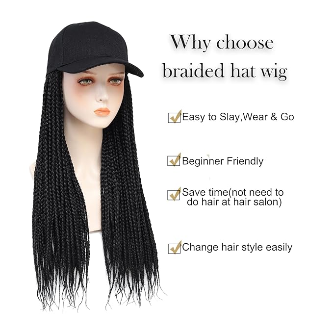Hat Wig for Women Baseball Cap with Braided Hair Attached Synthetic Box Braid Wig Hat Adjustable Black Cap with Black Braids for Daily Outdoor Use