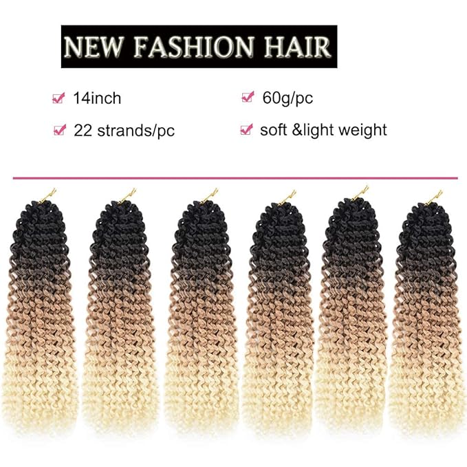 6 Packs Passion Twist Hair 14 Inch Water Wave Crochet Bohemian Curl Passion Twist Synthetic Crochet Braiding Hair Extensions Black Brown Honey Blonde Curly Hair (14inch, T1B/27/613)