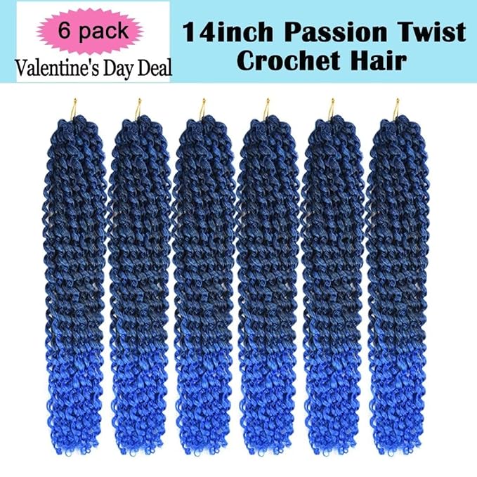 14inch Blue Water Wave Crochet Hair for Butterfly Soft Locs 6 Packs Ombre Blue Passion Twists Hair Synthetic Crochet Hair Passion Twist Bohemian Locs Braiding Hair Extensions (14" 6packs T1B/Blue#)