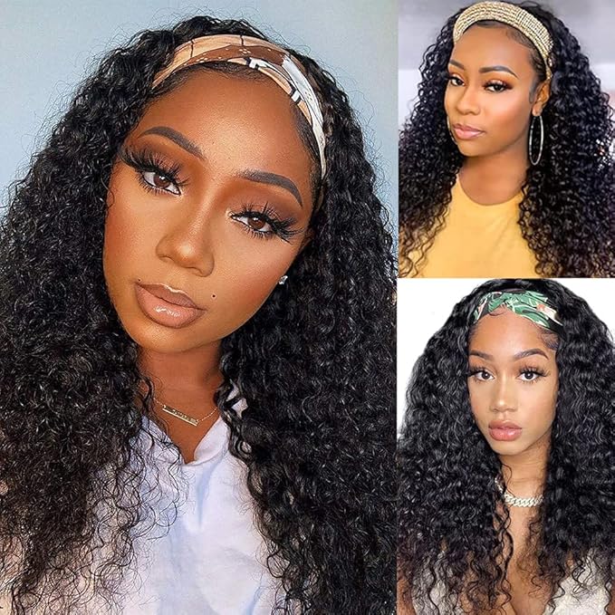 Aiterina Headband Wig Deep Wave Human Hair Wig 18 inch None Lace Front Wigs for Black Women Deep Curly Wave Machine Made Wigs Natural Color