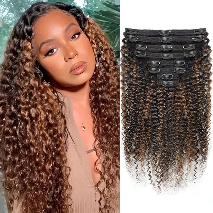 FB30 Highlight Ombre Curly Clip In Extension Human Hair 3C 4A Kinky Curly Clip Ins Full Head for Black Women Brazilian Remy Human Hair Balayage Brown 8Pcs with18clips 120g/Set (26 inch)