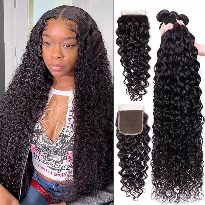 Water Wave Bundles with Closure Brazilian Virgin Human Hair(26 28 30+22,Free Part) Bundles with 4x4 Lace Closure 100% Unprocessed Wet and Wavy Human Hair Natural Color