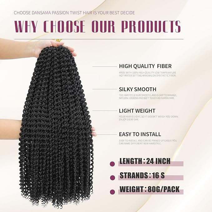 Dansama 24 Inch Passion Twist Hair Water Wave Braiding Hair for Butterfly Style Crochet Braids Bohemian Hair Extensions (24inch, #1B, Economy Pack)