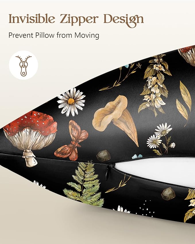 Silk Pillowcase 2 Pack - Pillow Cases 20" x 30" Queen Size Set of 2 for Hair and Skin Smooth Soft Breathable with Hidden Zipper Cooling Pillow Covers for Sleeping,Mushroom Plants