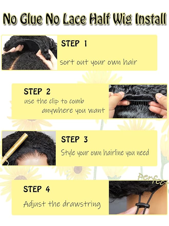 Kinky Curly Half Wig Human Hair 3 In 1 Seamless Flip Over Half Wigs Human Hair Glueless Wear and Go 220 Density Beginner Friendly Drawstring Headband Wig for Women (KC Half Wig, 16 Inch)