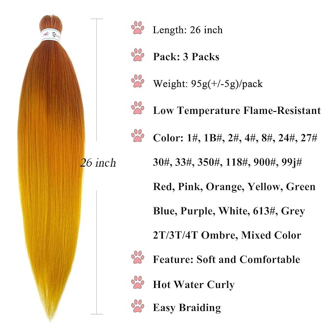 Ombre Braiding Hair Pre Stretched Color Ginger Golden Orange Crochet Braids Hair Extensions for Braiding Hypoallergenic Knotless Pre-Stretched Braiding Hair Ombre 26 Inch