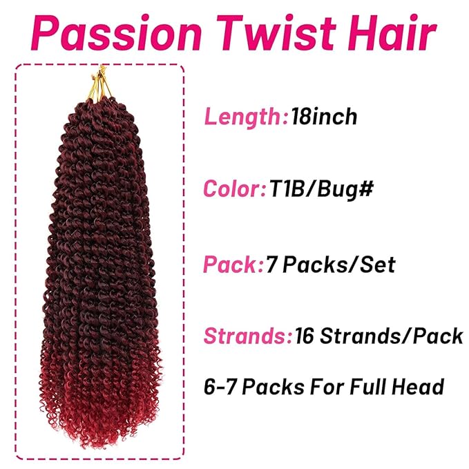 Dorsanee Ombre Burgundy Passion Twist Hair 18 Inch 7 Packs Water Wave Crochet Hair Long Bohemian Curly Braiding Hair for Butterfly Locs, Faux Locs, Boho Style Spring Twist Crochet Braids (TBug#)