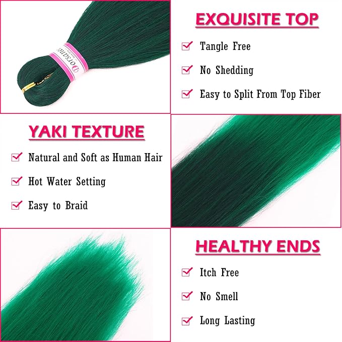 Dorsanee Braiding Hair Pre Stretched 20 Inch 8 Packs Ombre Green Braiding Hair Extensions for Crochet Box Braids Twists Locs Hair Soft Yaki Texture Hot Water Setting (20inch,#1B/Green)