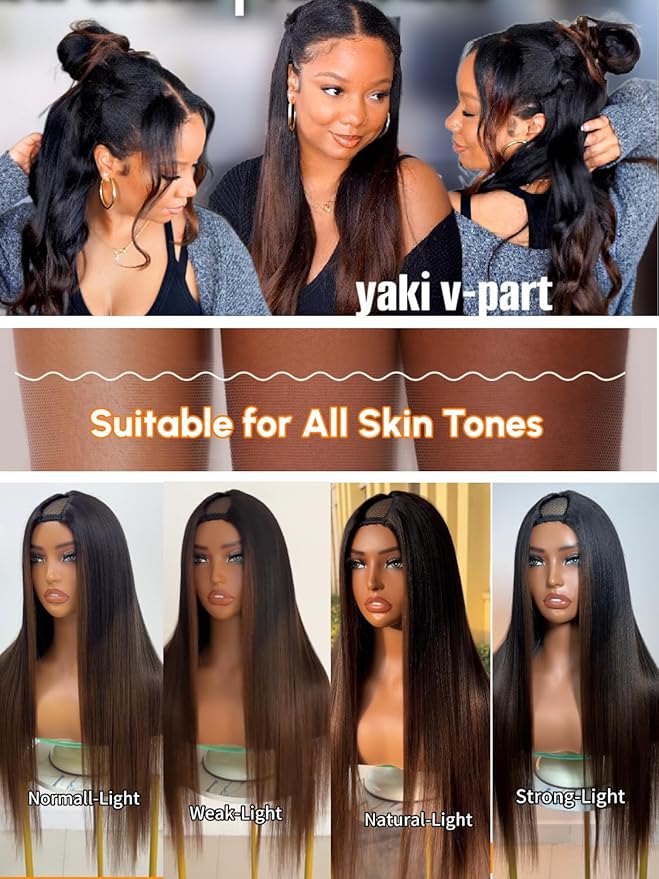Julia Hair V Part Yaki Glueless Human Hair Wig Seamless Edge Clip in Half Wig Vpart Wigs No Sew in No Glue Ombre Chestnut Brown Upgrade U Part No Leave Out Beginner Friendly 20 Inch