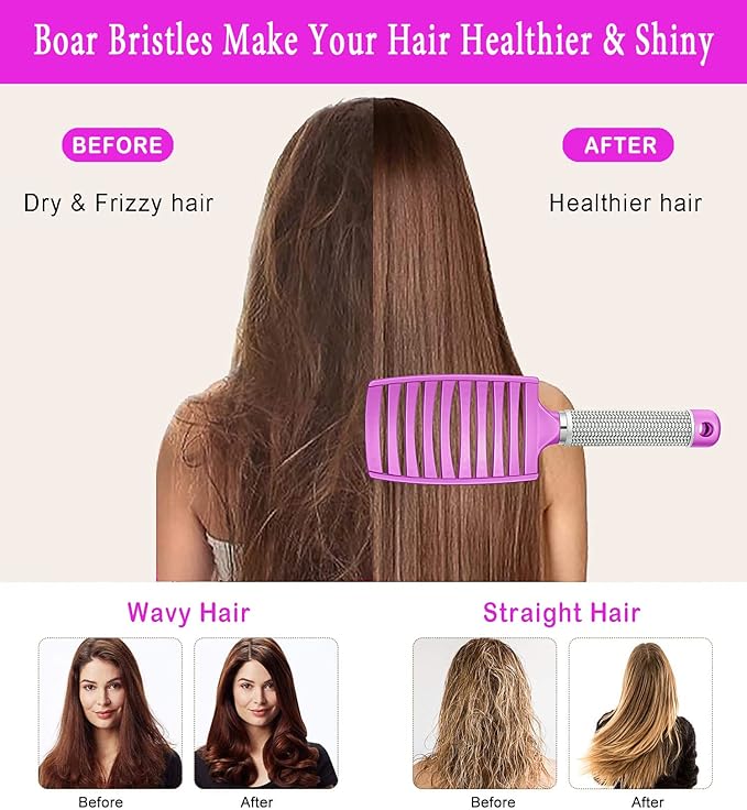 Detangling Brush Boar Bristle Hairbrush for Adult & Kids Wet or Dry Hair - KTKUDY Detangler Hair brush Getting Knots Out without Pain - Adds Shine and Makes Hair Healthier Purple