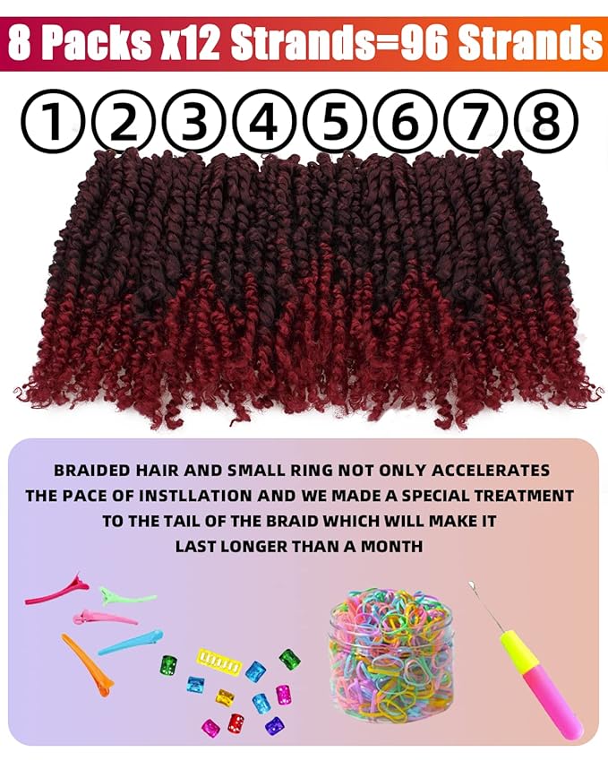 10 Inches 8 Packs Passion Twist Hair-Ombre Burgundy Pre-twisted Passion Twists,Pre-Looped Crochet Hair Spring twist Hair Extensions(10 Inch(Pack of 8), TBUG)