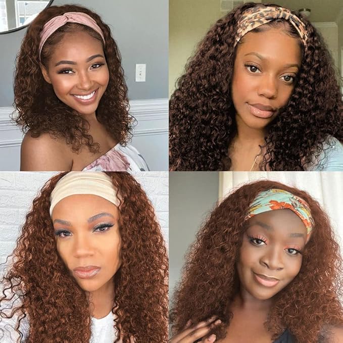 24 Inch #4 Brown Headband Wigs Human Hair Water Wave Wigs for Black Women Brazilian Virgin Hair Glueless None Lace Front Half Wig Wear and Go Chocolate Brown Headband Wigs Human Hair