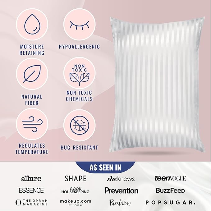 Blissy Silk Pillowcase - 100% Pure Mulberry Silk - 22 Momme 6A High-Grade Fibers - Silk Pillow Cover for Hair & Skin - Regular, Queen & King (White Striped, Queen)