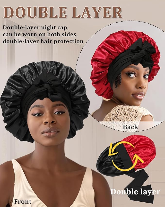 Reversible Satin Bonnet for Sleeping Women Double Layer Hair Bonnet with 2PCS Hair Scrunchies Elastic Tie Band Night Cap