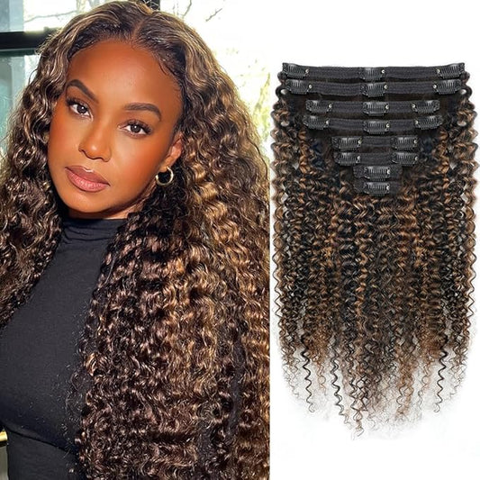 FB30 Highlight Ombre Curly Clip In Extension Human Hair 3C 4A Kinky Curly Clip Ins Full Head for Black Women Brazilian Remy Human Hair Balayage Brown 8Pcs with18clips 120g/Set (24 inch)