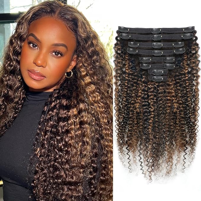 FB30 Highlight Ombre Curly Clip In Extension Human Hair 3C 4A Kinky Curly Clip Ins Full Head for Black Women Brazilian Remy Human Hair Balayage Brown 8Pcs with18clips 120g/Set (16 inch)