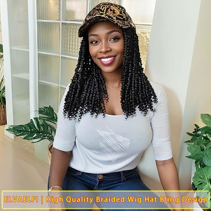 12inch Passion Twist Hair Extensions, Gold Graffiti Baseball Cap Wig, Breathable Synthetic Hair for Women