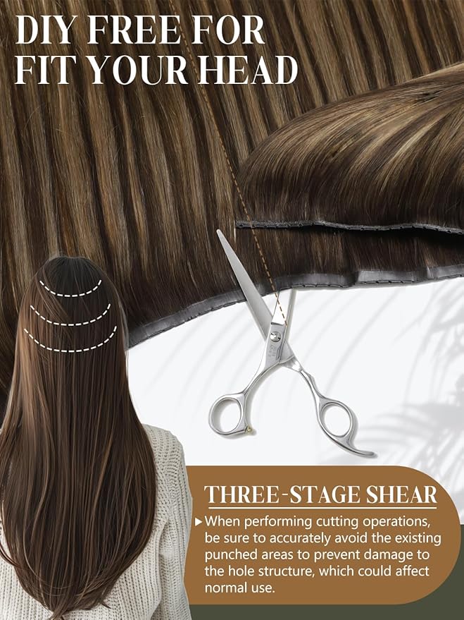 LOXXY Butterfly Double Weft Human Hair Extensions - 100% Remy Invisible Genius OVO PU Weft Extensions - Darkest Brown to Chestnut Brown Highlights, 20 Inch 100g, Width 31.5"(80cm)