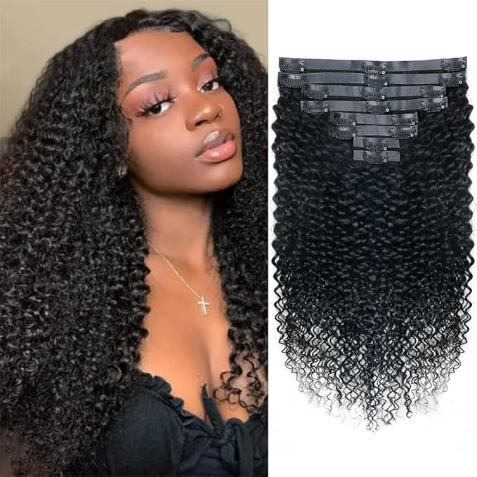 Seamless 3C 4A Kinky Curly Clip In Extension PU Weft Curly Clip in Extension Human Hair Clip Ins Full Head for Black Women Brazilian Remy Human Hair Natural Color 8Pcs with18clips 120g/Set (26 inch)