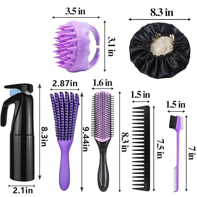 10Pcs Natural Hair Detangling Brush Set with Sleep Bonnet for Curly, Afro, African Black 3a to 4c Hair - Faster Detangling on Wash Days