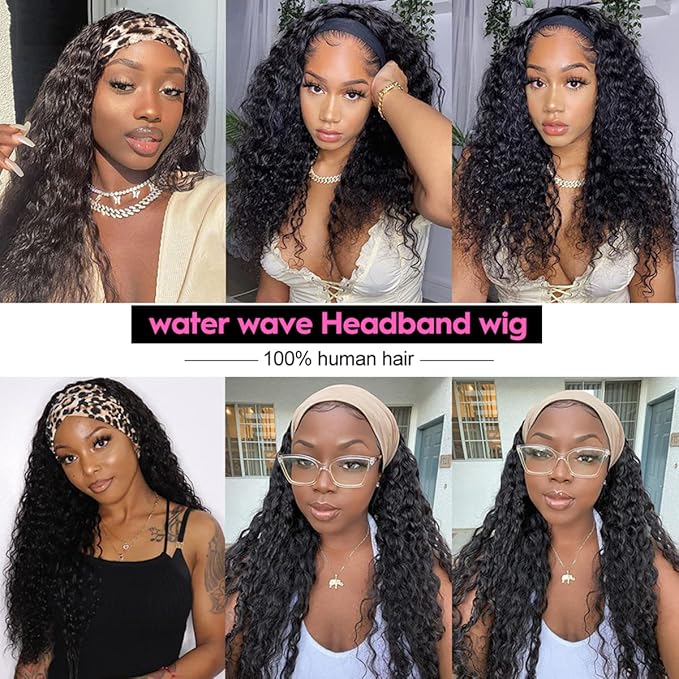 ISEE Hair Headband Human Hair Wigs 180% Density Water Wave Curly None Lace Front Wigs for Black Women Glueless Deep Wave Machine Made Wigs 26Inch
