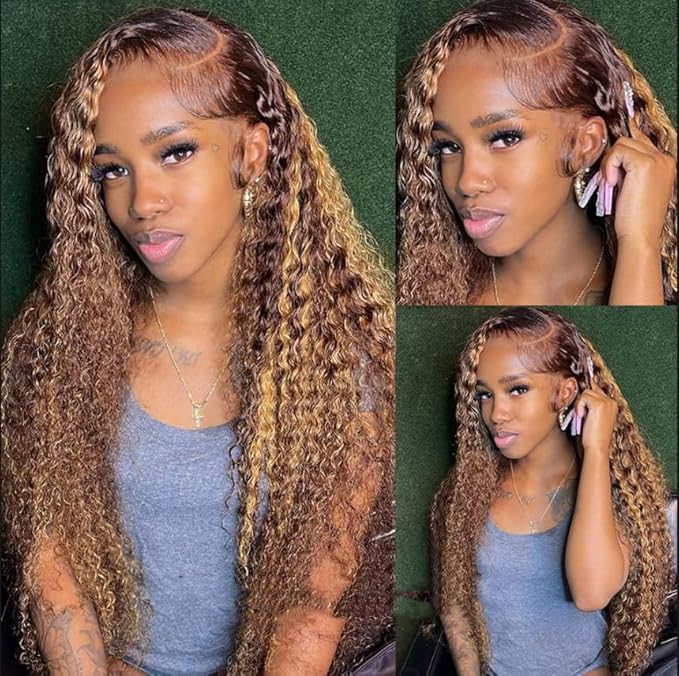 Chesma Honey Blonde 4/27 Ombre Lace Front Wig Human Hair 13x4 HD Highlight Deep Wave Lace Frontal Wigs Glueless Wigs 180 Density(22 Inch)