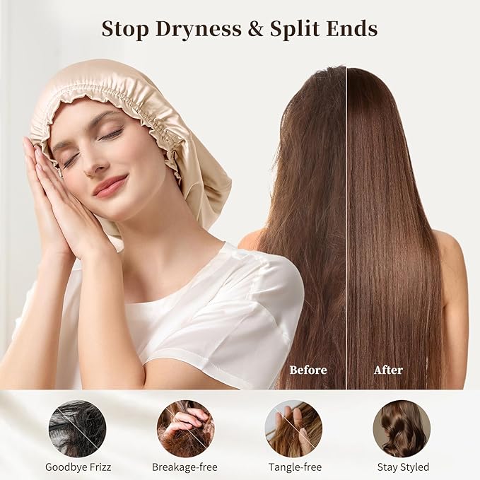 THXSILK 100% Mulberry Silk Bonnet for Sleeping Women, Silk Bonnet with Elastic Band, Hair Wrap Cap for Women Curly Hair, Champagne