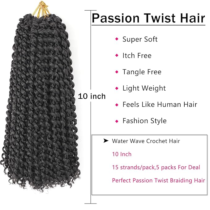 Passion Twist Hair 2# Color,10 Inch 5 Packs Water Wave Crochet Hair Black Wrap Braiding Hair For Passion Twist Crochet Hair/Butterfly Locs/Spring Twist Crochet Hair Braids (10 Inch,5pcs,2#)
