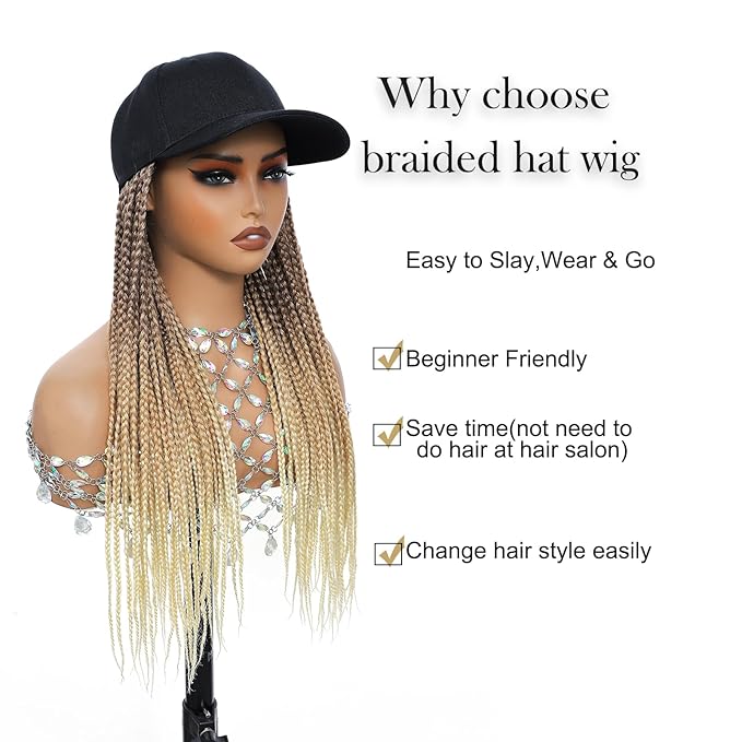 Hat Wig for Women Baseball Cap with blonde Braided Hair Attached Synthetic Box Braid Wig Hat Adjustable Black Cap with 18inch long ombre brown bonde light blonde Braids for Daily Outdoor Halloween Use
