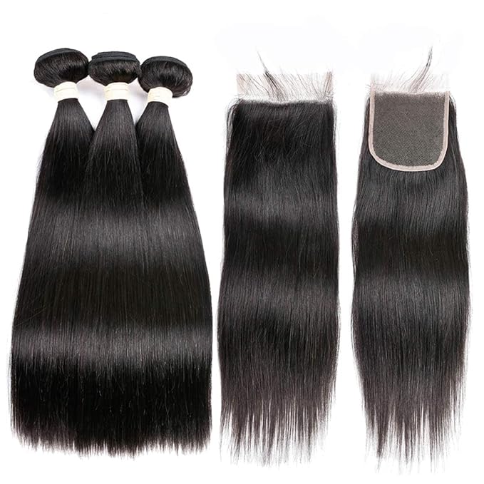 Straight Bundles with Closure Brazilian Hair Virgin Human Hair 3 Bundles with (4X4) Lace Closure Wave Weft 100% Unprocessed Real Human Hair Extensions Natural Color (18 20 22+18" Closure)