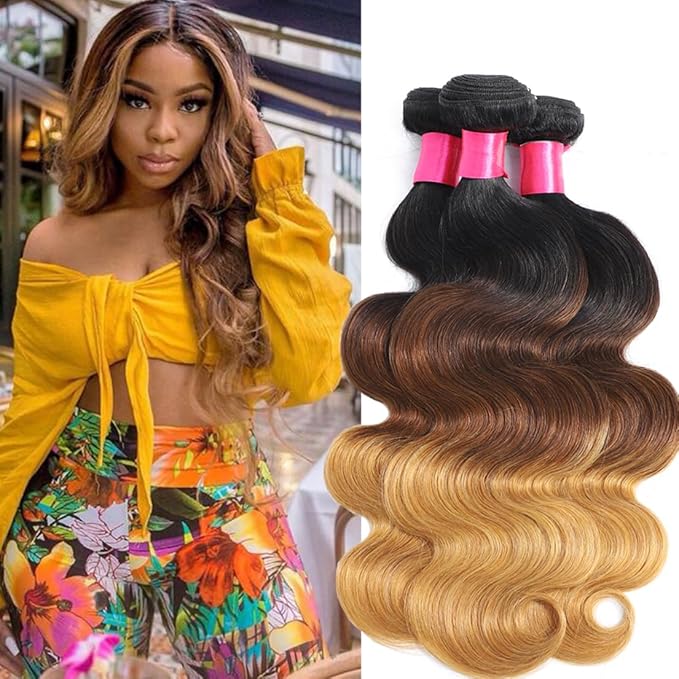 Ombre Human Hair Bundles 1b/4/27 Three Tone Brazilian Ombre Body Wave 3 Bundles 12 14 16inch 100% Unprocessed Virgin Human Hair Bundles Weaves Extensions for Women