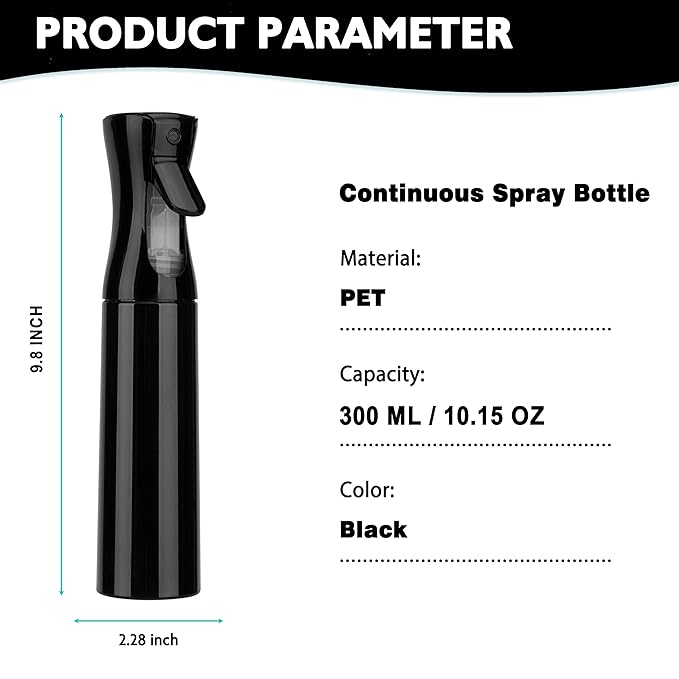 Spray Bottle for Hair (10.15OZ /300ML) Continuous Ultra Fine Mist Sprayer for Hair, Salons, Barber, Plants, Skin Care, Cleaning Black