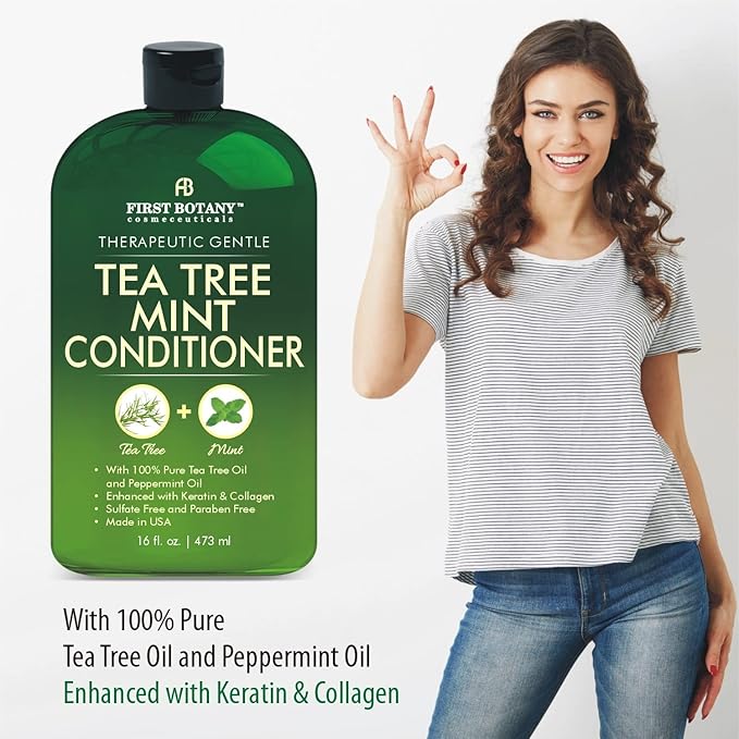 First Botany Tea Tree Mint Shampoo & Conditioner for Men & Women - Pure Tea Tree & Peppermint Oil - Fights Hair Loss, Dandruff, Lice & Itchy Scalp, Promotes Hair Growth - Sulfate Free - 16 Fl Oz x 2
