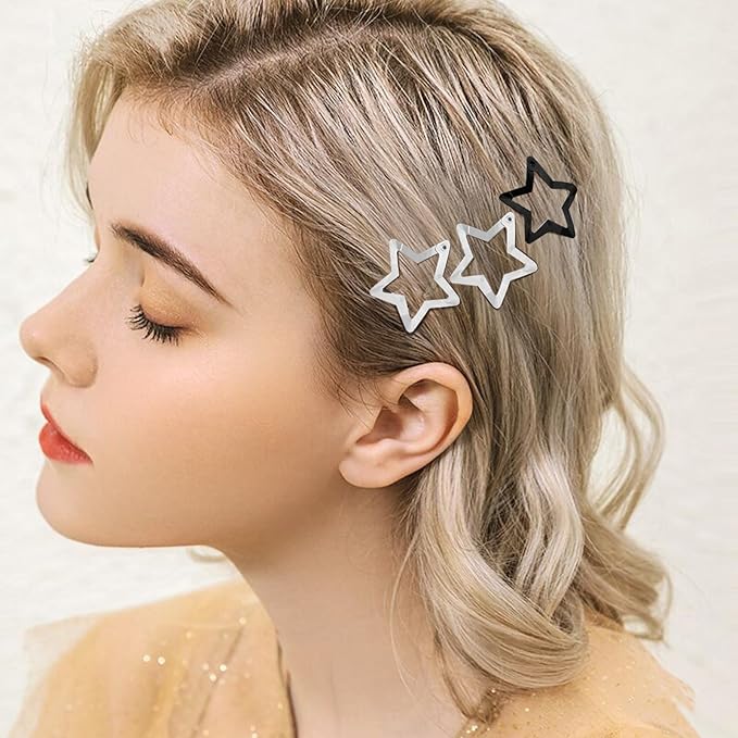 Star Hair Clips 2000s Y2K Snap Hair Barrettes Non Slip Star Hair Accessories Black Silver Metal Hair Clips for Girls Women -30 PCS 1.18"