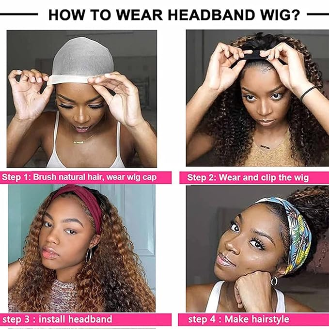 Headband Wig Human Hair 20 Inch Highlight Ombre Curly Headband Human Hair Wigs for Black Women #4/27 Glueless None Lace Front Brazilian Deep Wave Headband Wig