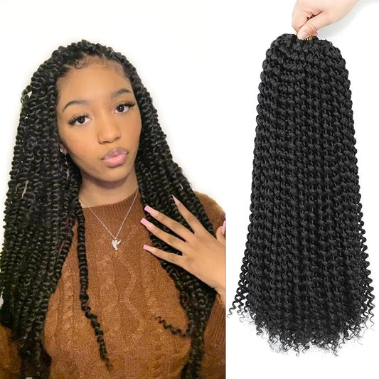 132 strands Passion Twist Hair Water Wave Black Color Curly Crochet Braids For Bomb Twists Goddess locs 18inch Long Bohemian Curl Synthetic Braiding Hair Extensions (18inch, 1B)