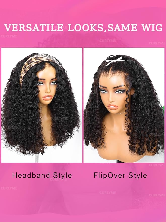 Curlyme Burmese Curly Half Wig Human Hair Flip Over Half Wigs Drawstring Band Wear Go Glueless Wig Invisible Hairline Burmese Curly Wig Human Hair Headband Wig for Women 18 Inch