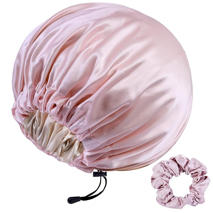 RedJoe 22 Momme 100% Mulberry Silk Bonnet Hair Wrap for Sleeping, Adjustable Silk Scrunchies Sleep Cap for Women Men Hair Care, Head Scarf Night Caps with Elastic Stay On Head, 1Pc(Pink,Beige)