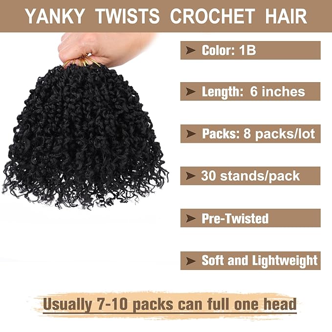 COOKOO 6 Inch 8 packs Pre-looped Yanky Twist Crochet Hair for Women Natural Black Pre Twisted Mini Passion Twists Crochet Hair Kinky Curly Crochet Twist Synthetic Hair Extensions 1B#